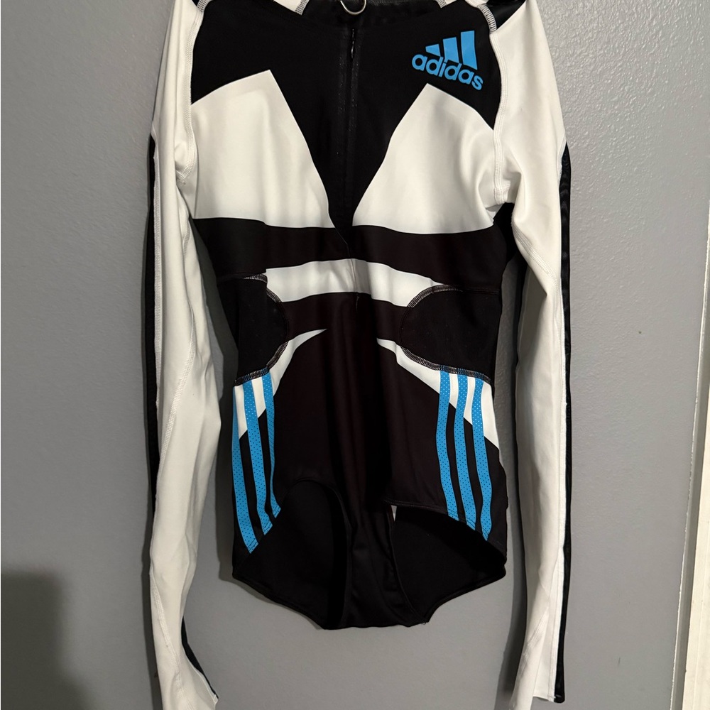 Adidas Black and White Bodysuit with Blue Stripes